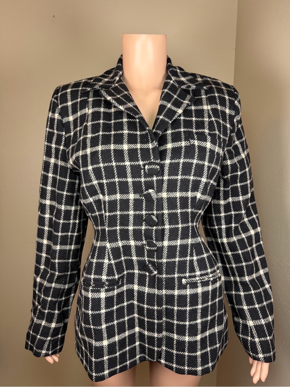 Angela Homes Black Cream Plaid Blazer Jacket Size 16 Button Front